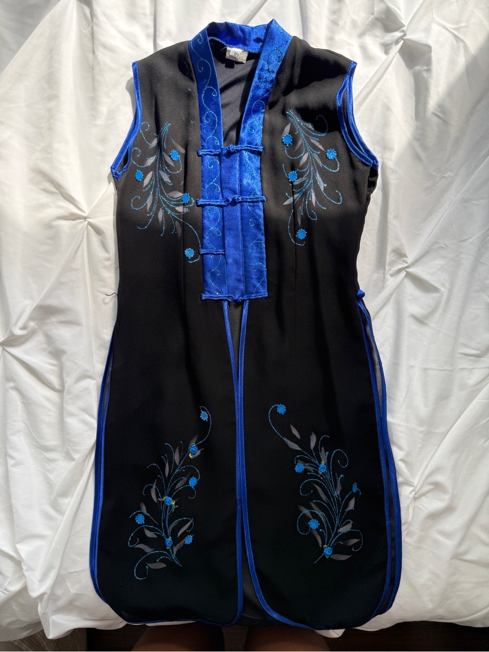100 SilkBlue Black Embroidered Cheongsam Dress Mandarin Chinese Traditional Wear